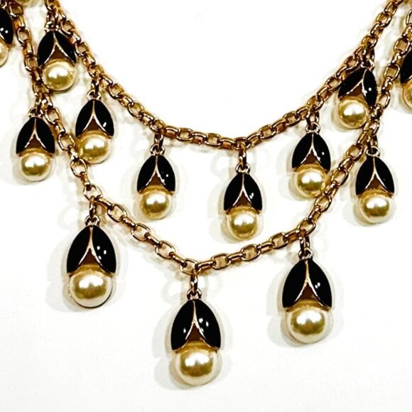 Talbots Gold Tone Necklace With Black Enamel Tulip Leaves & Faux Pearls - NWT - Picture 2 of 4